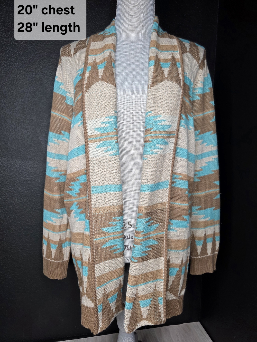 Open-Front Aztec Pattern Cardigan Sweater in Brown & Turquoise